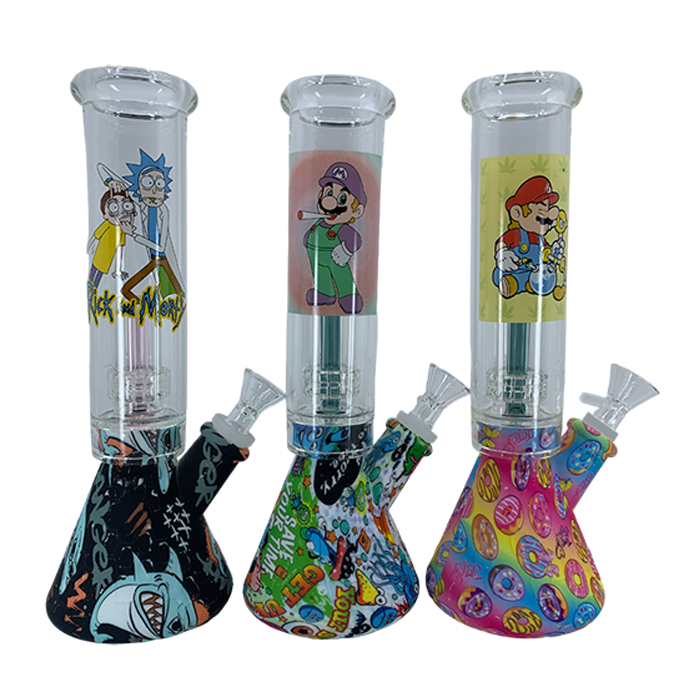 Printed Silicon Base Top with Glass Perc Beaker Bongs 10”