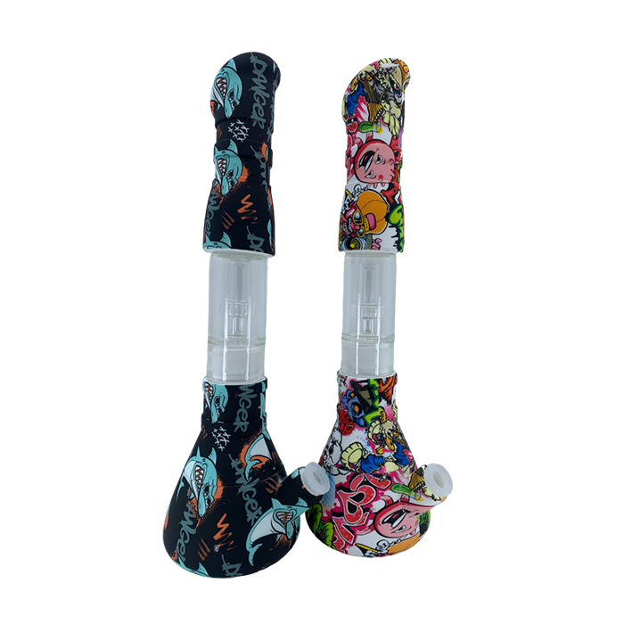 Printed Silicon Base Top with Glass Perc Beaker Bongs 14”