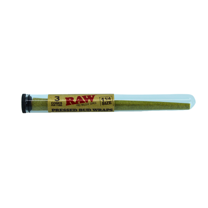 RAW PRE-ROLLED PRESSED BUD WRAPS 1 1/4 SIZE 3 cones per tube